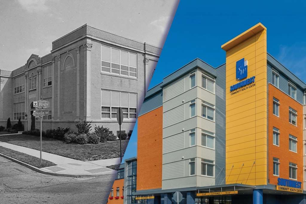 Side by side comparison of the first Southwest Community Health Center Building on Bird Street and the most iconic Southwest Community Health Center on 46 Albion Street.